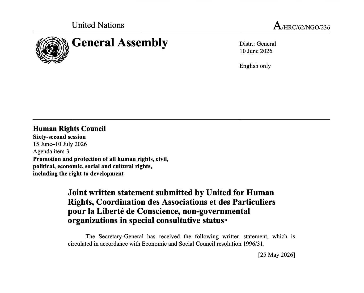Excerpt from a joint written statement submitted to the U.N. Human Rights Council with CAP LC’s participation / Source: U.N. Human Rights Council