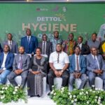 Mr. Patrick Agaba, Co-founder CHIL Lab (1st left seated), Mr. Boniface Shaka, Reckitt County Mamager (3rd left seated), Hon. Minister Aisha Sekindi (4th left seated) representing Vice President H.E. Jessica Alupo, and Mr. Ekwap Robert, Commissioner Ministry of Education and Sports (2nd right seated), with other officials during the launch of Phase II of the Dettol Hygiene Quest at Gour points by Sheraton Hotel in Kampala today.